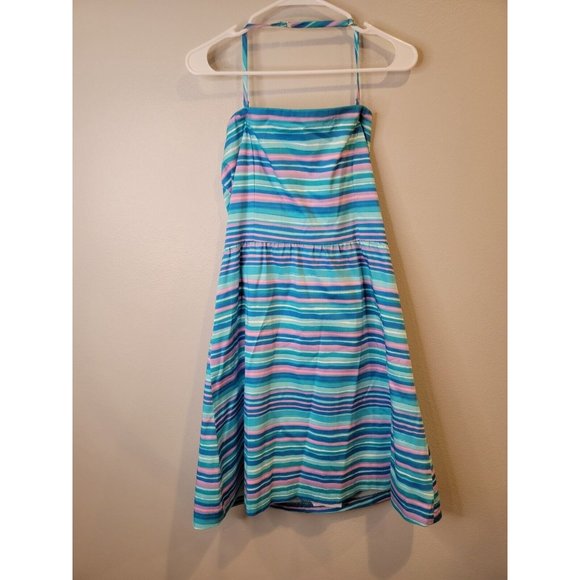 Garnet Hill Size 6 Dress Blue Striped Fit Flare Halter Sundress - Picture 2 of 5